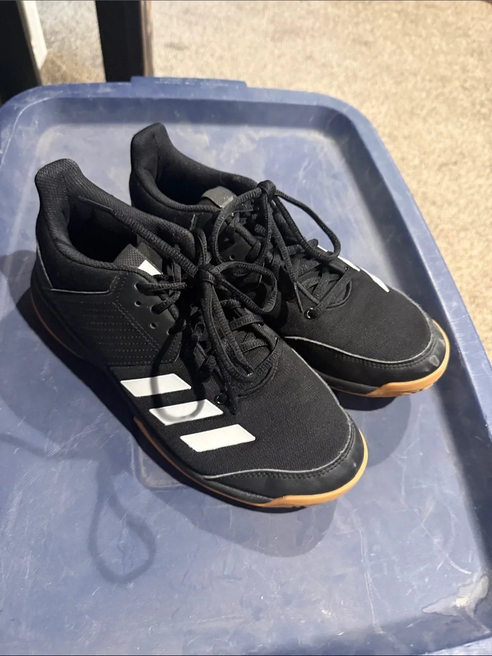 Adidas Black Athletic Sneakers with White Stripes and Gum Sole